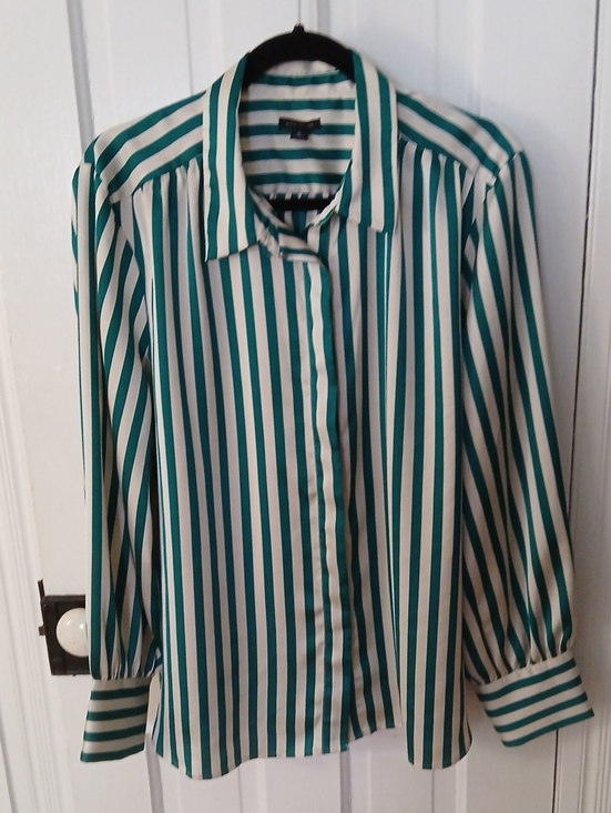 Ann Taylor Tops - Ann Taylor Teal and White Vertical-Stripe Dress Shirt